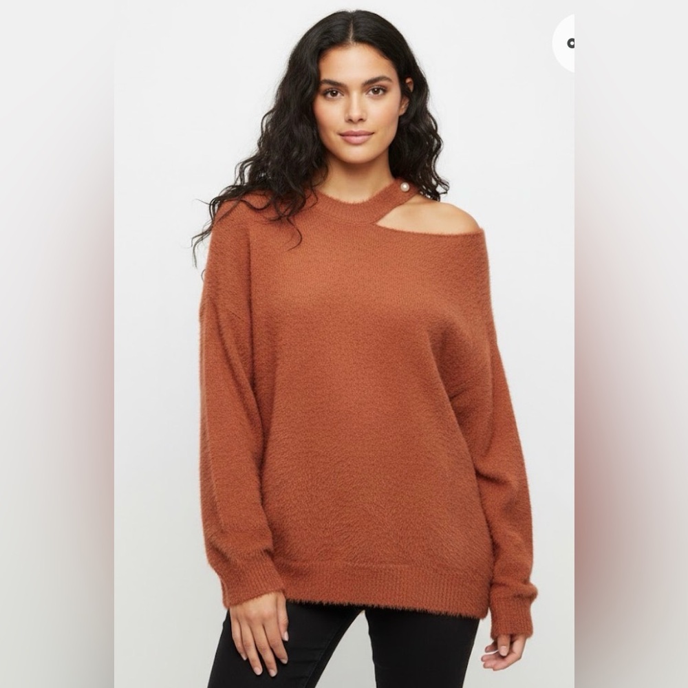Rust Orange Off-the-Shoulder Fuzzy Knit Sweater - Size M